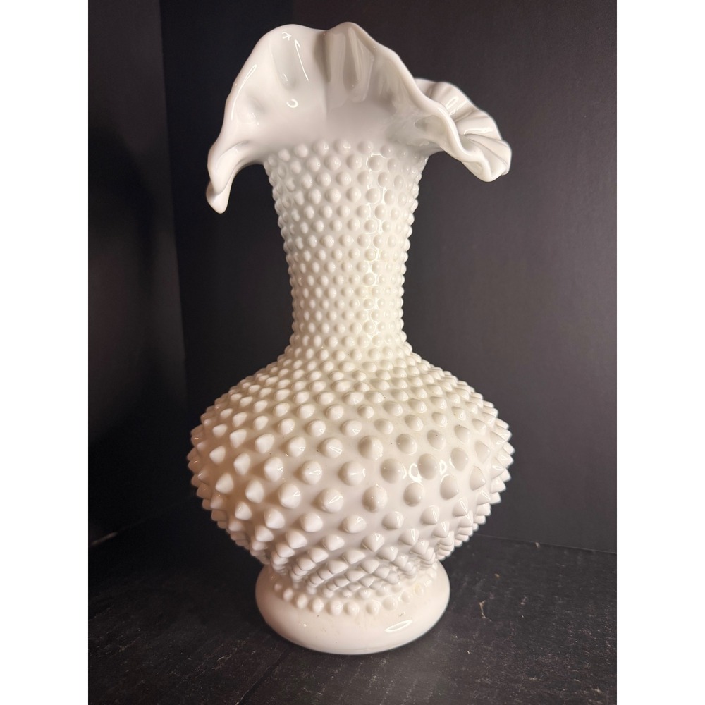 Fenton Milk Glass Hobnail Vase Double Crimped Ruffled Rim Vintage White 9.5 inch